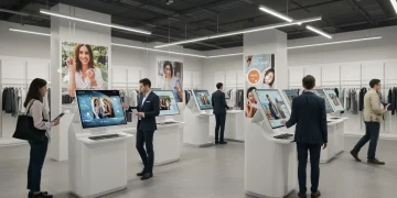 Modern retail store with AI-powered personalized displays and diverse customers