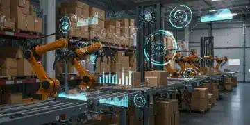 AI-powered warehouse with robots optimizing inventory based on predictive demand forecasts
