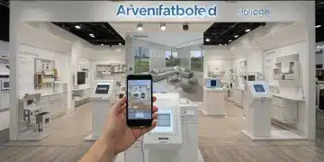 Customer using augmented reality app to visualize furniture in a home setting, enhancing online retail experience.