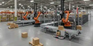Robotic arms and AGVs efficiently sorting and moving packages in a modern automated warehouse.