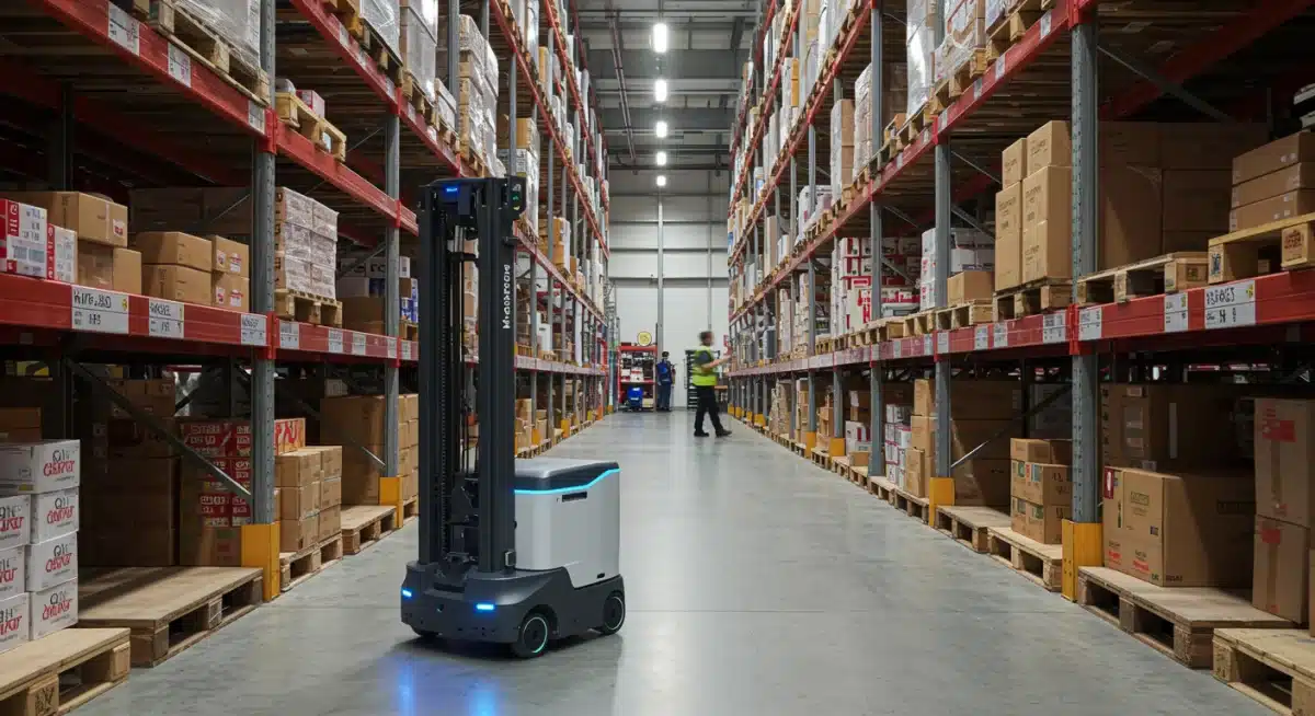 Autonomous mobile robot scanning inventory in a retail warehouse, improving stock accuracy.