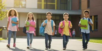 Children with new backpacks and school supplies heading to school, symbolizing back-to-school retail trends 2025.