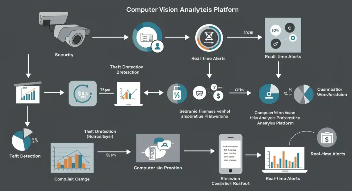Infographic detailing how computer vision processes data from retail cameras for theft detection and behavioral analysis.