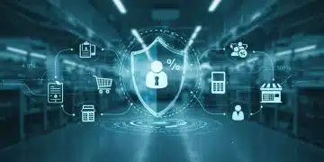 Digital shield protecting retail customer data and POS systems, representing cybersecurity in retail tech.