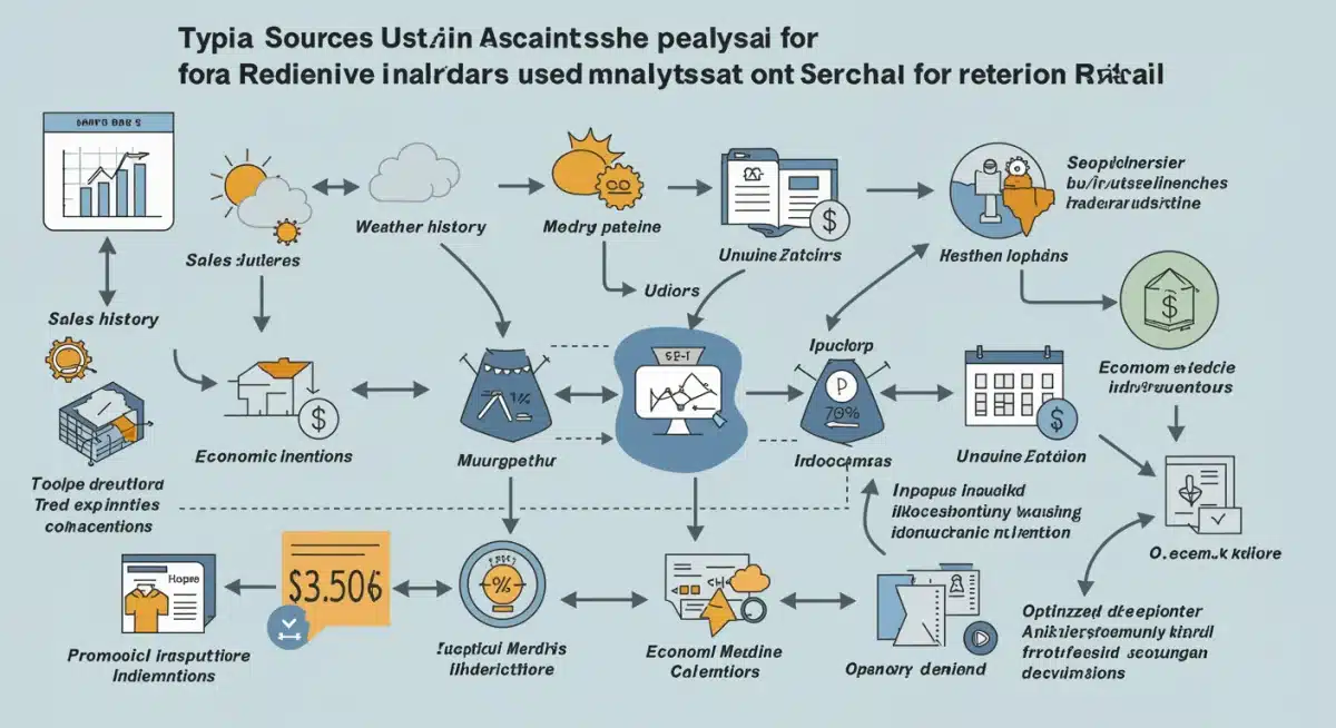 Infographic detailing data sources for predictive analytics in retail, including sales, weather, social media, and promotions.