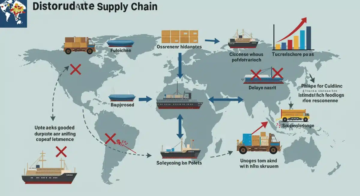 Infographic showing disrupted supply chain flow with port bottlenecks and cost increases