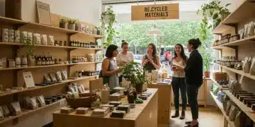 Eco-friendly small retail store interior with sustainable products and engaged customers.