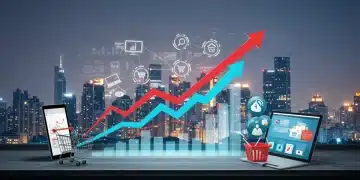 Illustration of e-commerce growth with upward arrows and digital shopping elements