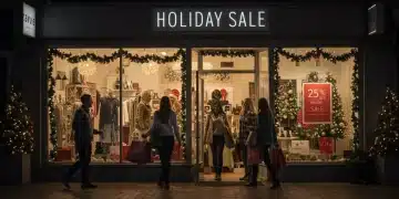 Maximize Holiday Sales 2025: Small Retailers' 25% Revenue Jump Guide Festive small retail storefront with holiday decorations and '25% Off Holiday Sale' sign, attracting happy shoppers.