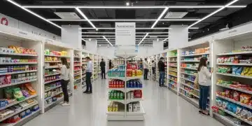 Futuristic autonomous retail store interior with smart shelves and seamless shopping experience