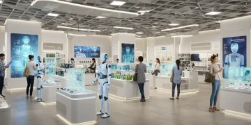 Futuristic retail store showcasing AI and automation technologies