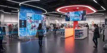 Futuristic US retail store with advanced 5G technology enhancing customer experience.