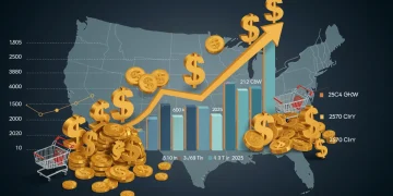 Infographic illustrating the financial impact of 1.8% GDP growth on US retail sales in 2025, with economic charts and shopping symbols.