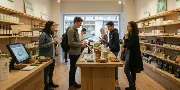 Gen Z consumers interacting with products in a modern small retail store in 2025.