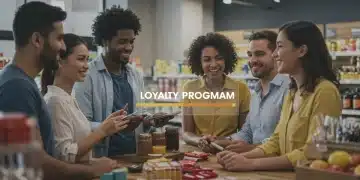 Happy customers engaging with a small retail business owner, highlighting successful loyalty programs.