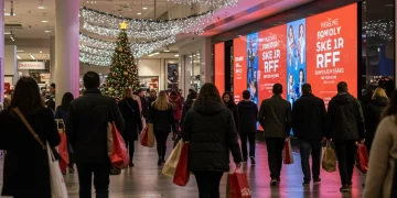 Bustling holiday shopping scene with diverse shoppers and festive decorations.