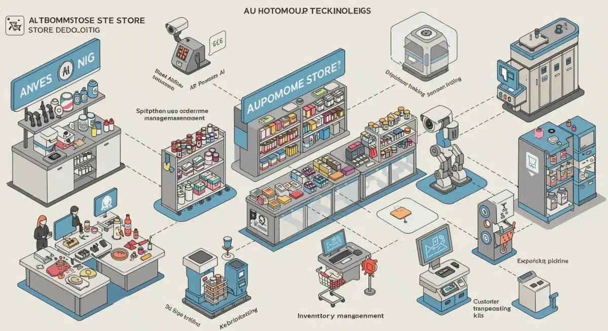 Diagram illustrating integrated autonomous store technologies like AI cameras and shelf sensors