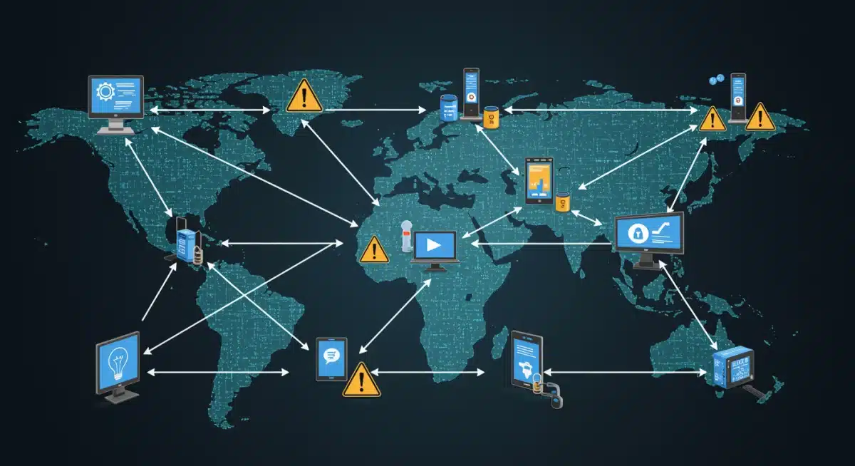 Internet of Things devices interconnected in a supply chain, showing potential cyber vulnerabilities