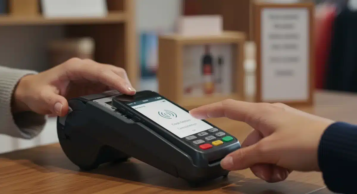 Customer making a contactless payment with a smartphone at a boutique.