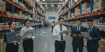 Modern retail warehouse with digital inventory management dashboard and collaborating team