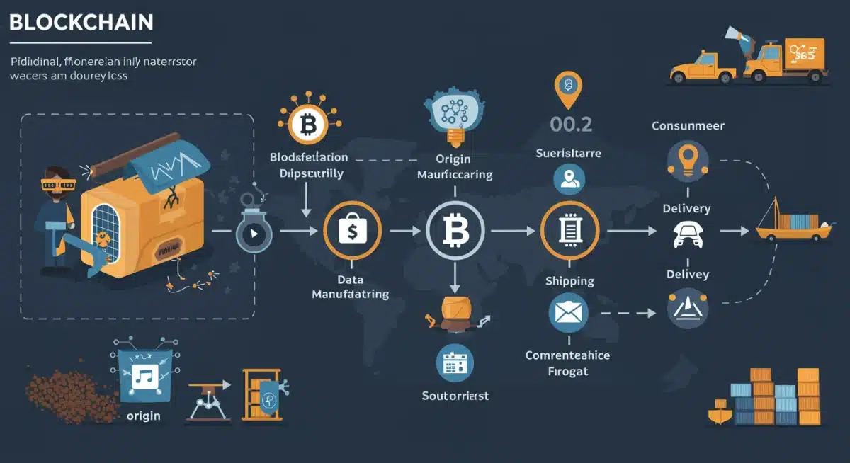 Infographic showing product journey with blockchain checkpoints for enhanced supply chain visibility.