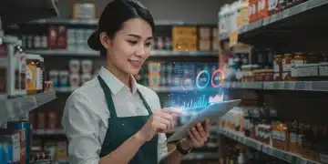 Data Analytics: 10% Profit Boost for Small Retailers by 2025 Small retail owner analyzing sales data on a tablet for profit growth