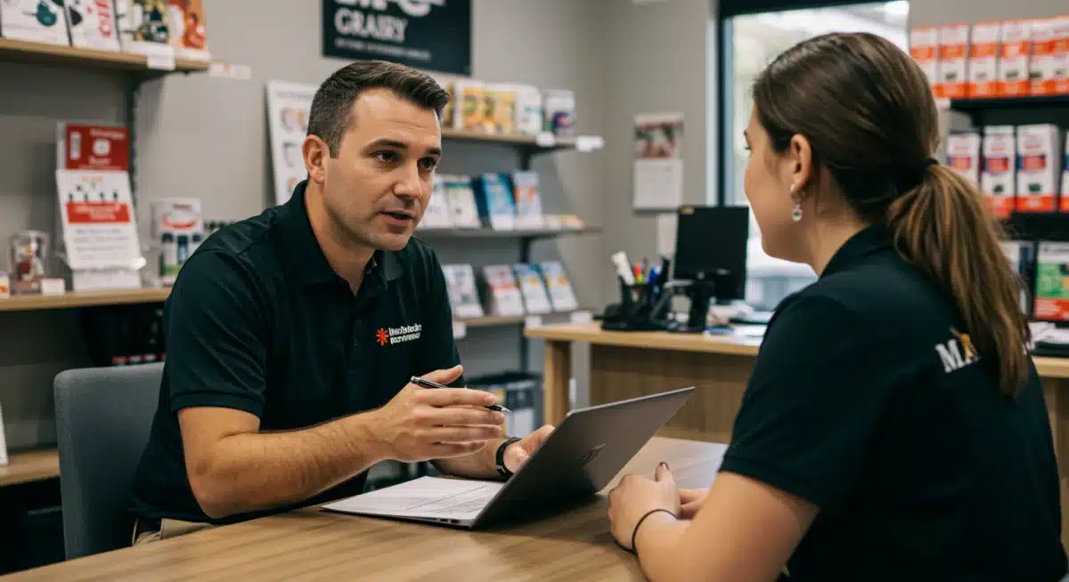 Retail owner coaching employee on development and feedback