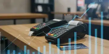 Digital payment terminal with credit cards on a retail counter, illustrating payment processing cost reduction strategies for US retailers.