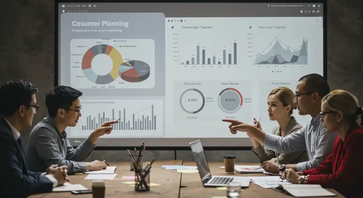 Business professionals analyzing consumer spending data and economic forecasts for strategic retail planning.