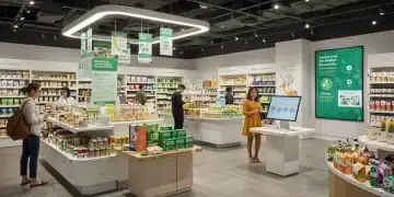 Modern retail store with shoppers, sustainable product displays, and ESG data