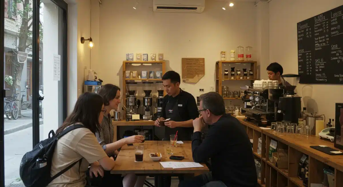 Barista engaging with customers during a coffee tasting session at a cozy small business cafe.