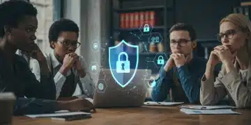 Small retailers discussing cybersecurity strategies with digital shield icon