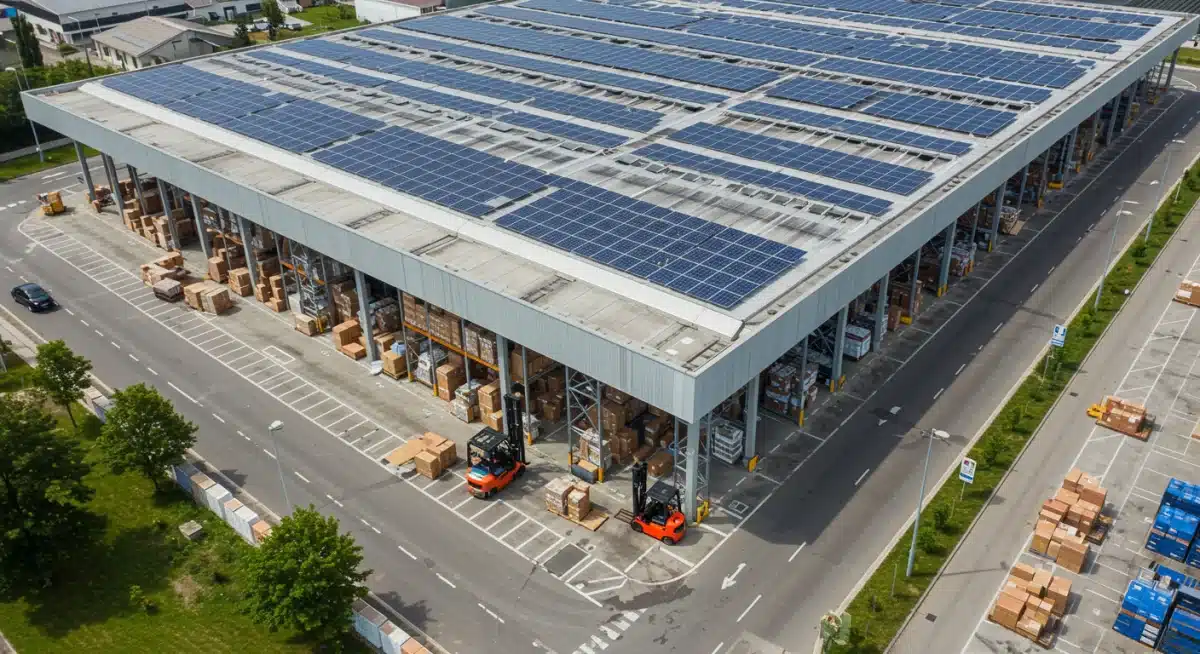 Sustainable warehouse with solar panels and electric forklifts