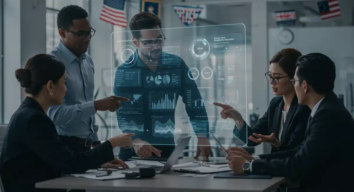 Diverse team analyzing real-time supply chain data on a digital dashboard, collaborating on solutions.