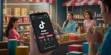 Small business owner successfully using TikTok Shop on a smartphone with products in the background.