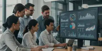 Business professionals analyzing vendor performance data on a large screen