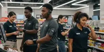 Retail staff utilizing wearable technology for enhanced productivity in a modern US store environment.